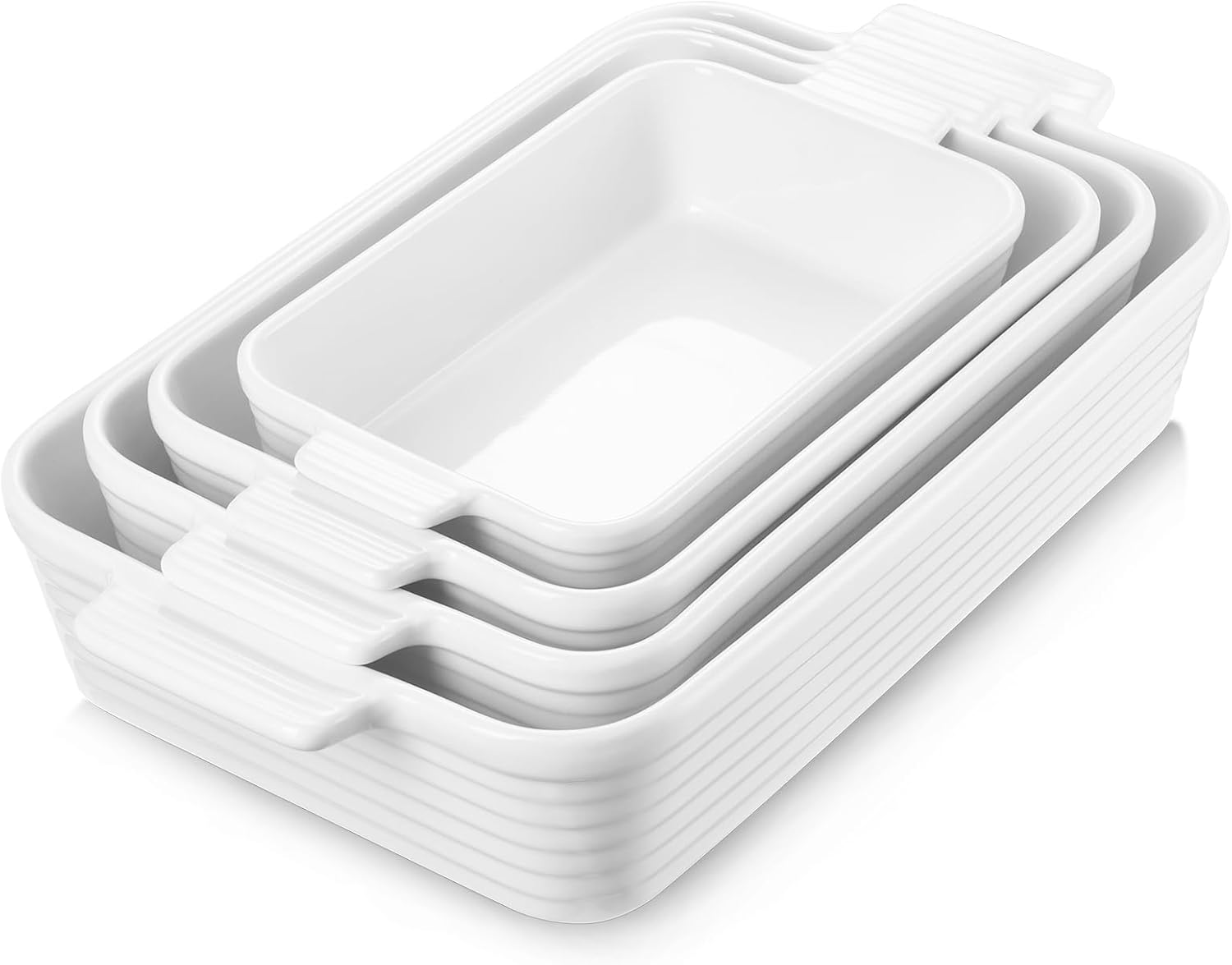Jassceram Casserole Dishes for Oven, 4-Piece Porcelain Baking Dish, Rectangular Ceramic Bakeware Sets with Handles, Deep Lasagna Pan for Baking, 9.6" to 15.2", Nesting Design, Oven Safe, White