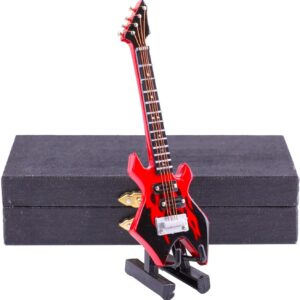 Wooden Miniature Electric Bass Guitar with Stand and Case Mini Musical Instrument Electric Bass Guitar Replica Collectible Figurines Model Home Decoration and Ornament (3.94″x1.18″x0.24″)
