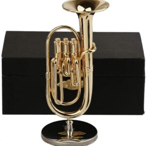 Miniature Tuba with Stand and Case Brass Mini Musical Instrument Baritone Horn Replica Collectible Figurines Dollhouse Accessories Model Home Decoration Display Ornament (3.94″x1.42″)