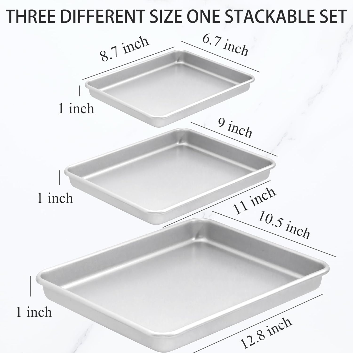3-Piece Nonstick Baking Pans Set of 3 - Nonstick Rectangle Sheet Cake Pans, 13/11/9 Inch Metal Oven Tray for Cooking Jellyroll, Stackable Bakeware Set - Image 3
