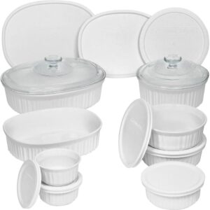 Durable Non-Porous French White 18 Piece Ceramic Made and Oven and Microwave Safe Bakeware Set with Lid by CorningWare