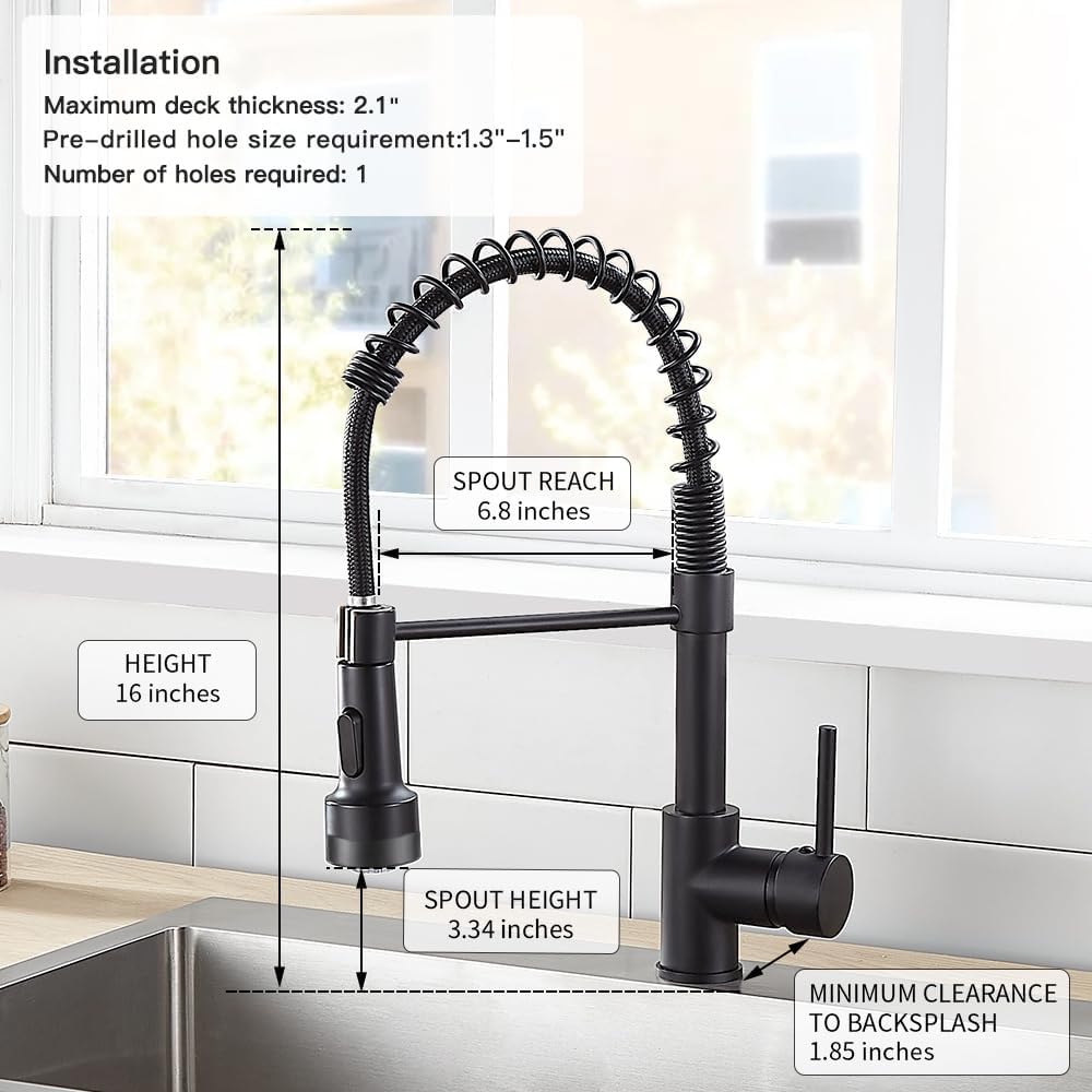 OWOFAN Kitchen Faucet with Sprayer Single Handle Pull Down Sprayer Spring Matte Black Kitchen Sink Faucet with LED Light 9005R - Image 6
