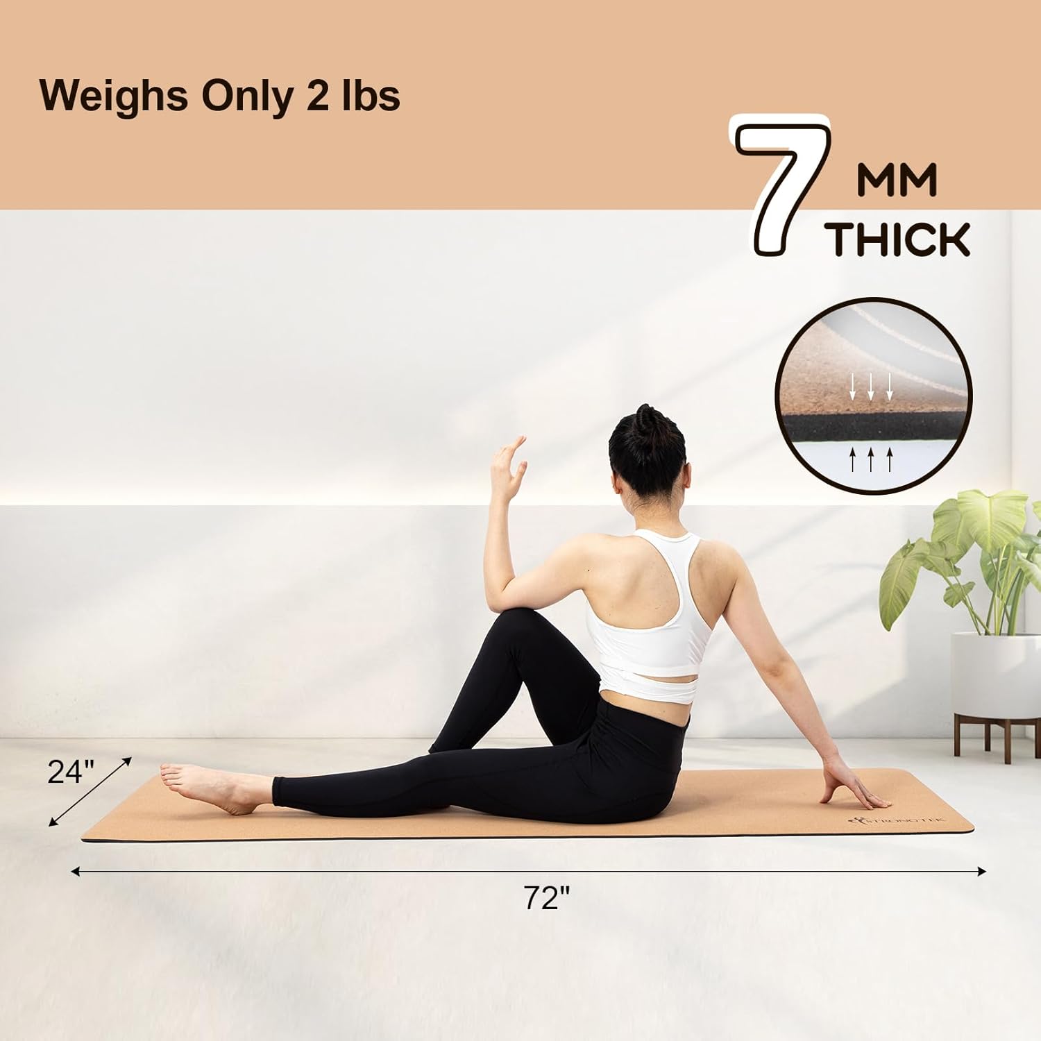 StrongTek Eco-Friendly Cork Yoga Mat, 7mm Thick, 72"x24", Cork+TPE, 2 lbs, Non-Slip, Lightweight & Cushioned Mat for Hot Yoga, Pilates & Home Fitness, Durable Surface with Natural Grip and Carry Strap - Image 3