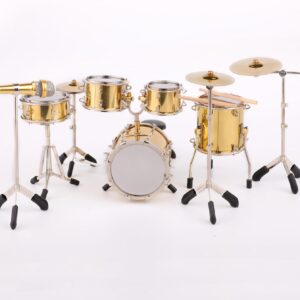 Miniature Drum Set Mini Musical Instrument Drum Set Kit Replica Collectible Figurines Birthday Gifts Music Home Decoration Display Ornament Model (Gold)