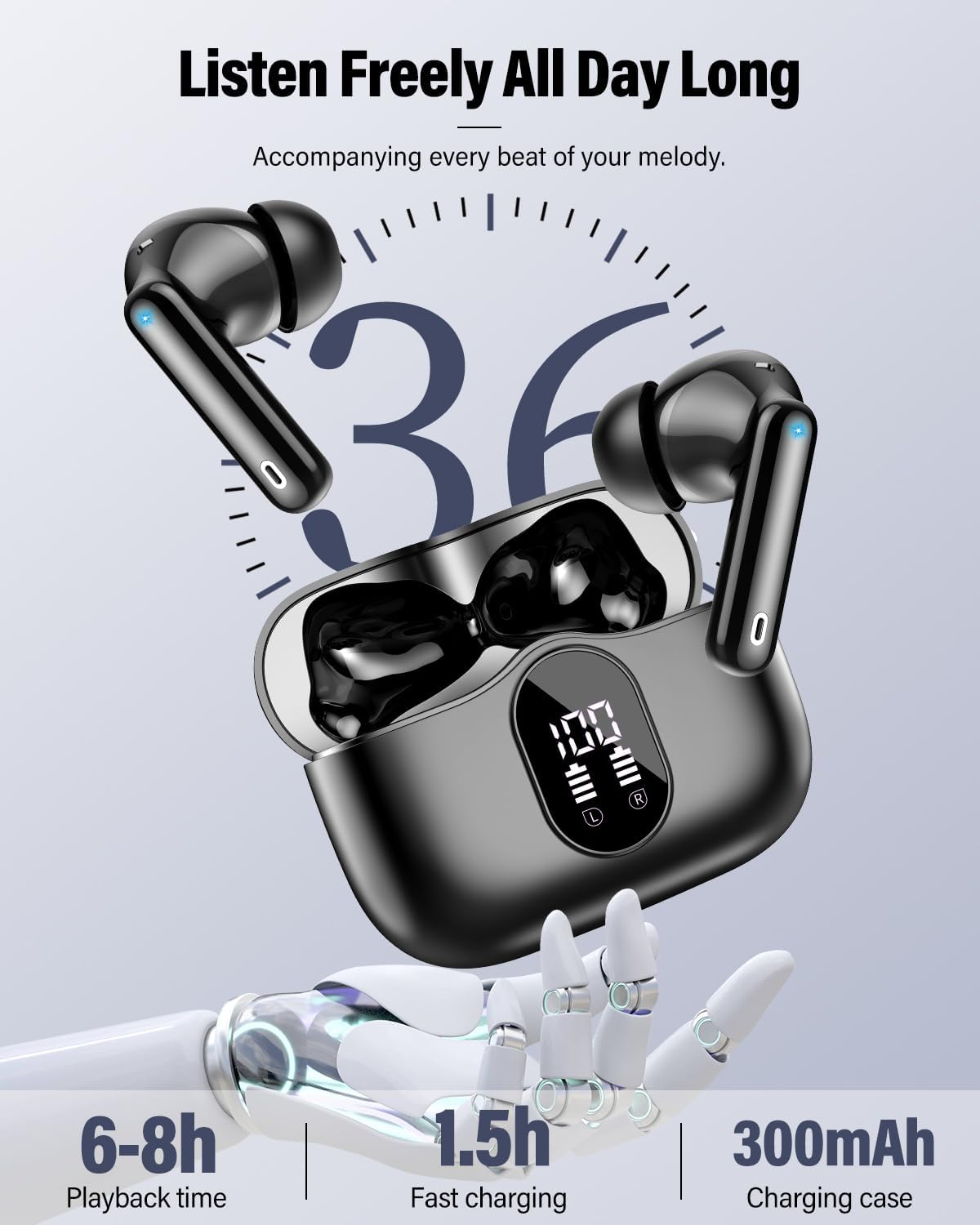 Wireless Earbuds, Bluetooth 5.4 Headphones Bass Stereo, Ear Buds with Noise Cancelling Mic, LED Display in Ear Earphones Clear Calls, IP7 Waterproof Bluetooth Earbuds for Laptop/Phones/Sports, Black - Image 5