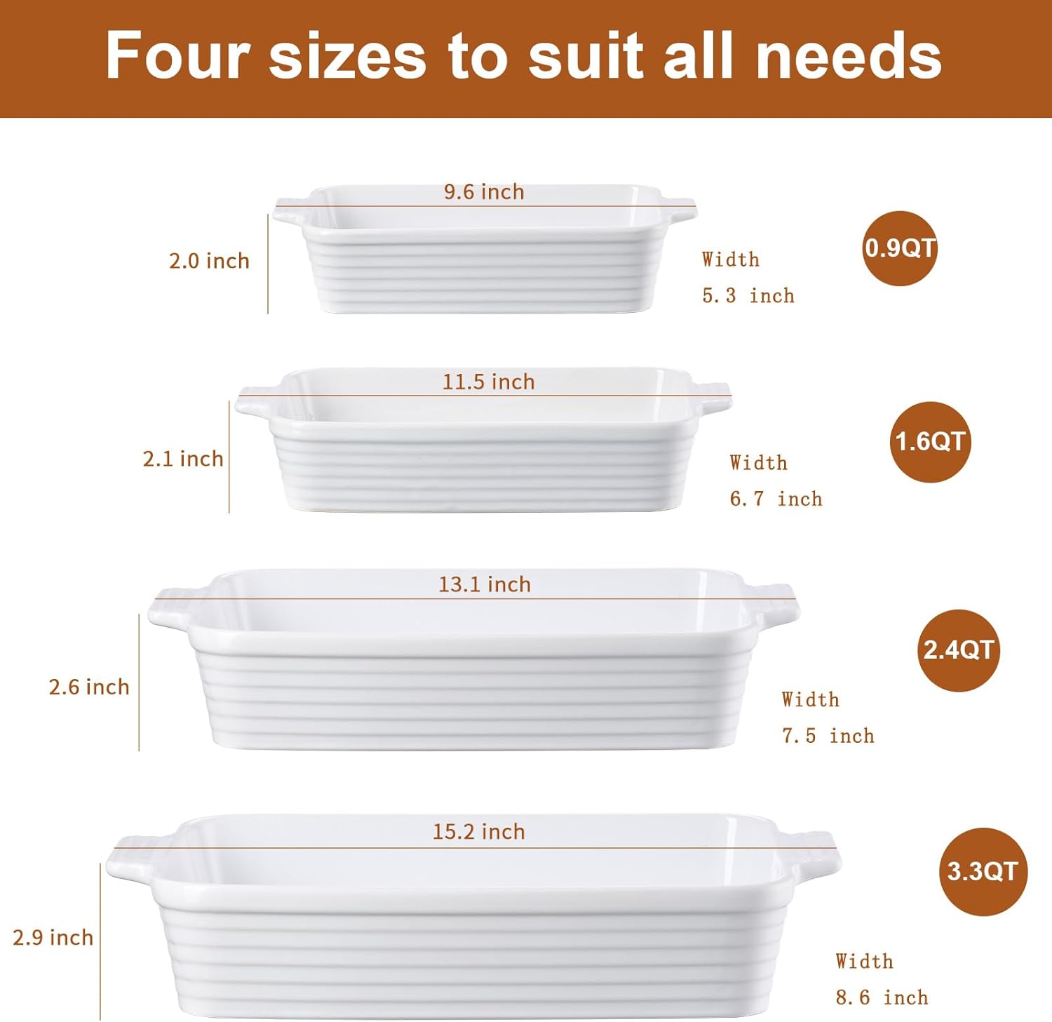 Jassceram Casserole Dishes for Oven, 4-Piece Porcelain Baking Dish, Rectangular Ceramic Bakeware Sets with Handles, Deep Lasagna Pan for Baking, 9.6" to 15.2", Nesting Design, Oven Safe, White - Image 2