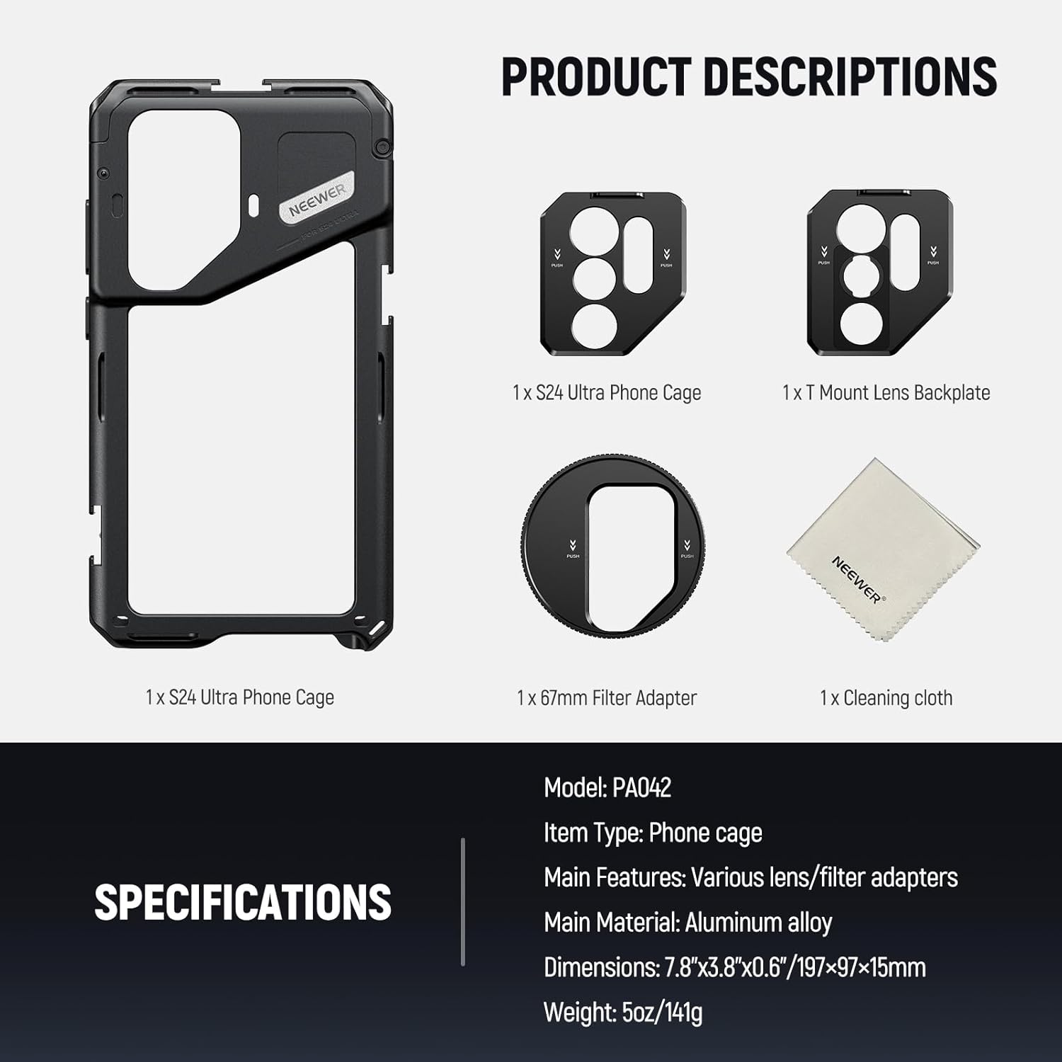 Neewer S24 Ultra Phone Cage with 67mm Filter Adapter, 17mm Lens Backplate, T Mount Lens Adapter, Cleaning Cloth, Smartphone Video Rig Stabilizer Compatible with Samsung Moment T Series Lenses, PA042 - Image 9