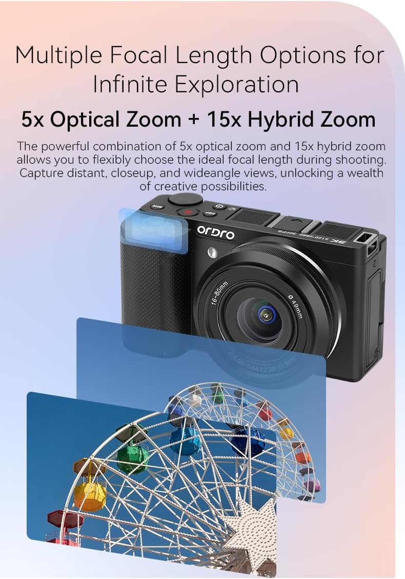 ORDRO 5K Digital Camera for Content Creators and Vloggers, 64MP Vlogging Camera for YouTube, WiFi Cameras for Photography with Flip Touchscreen, Auto-Focus, Wide Angle for Photography, with Stand - Image 3