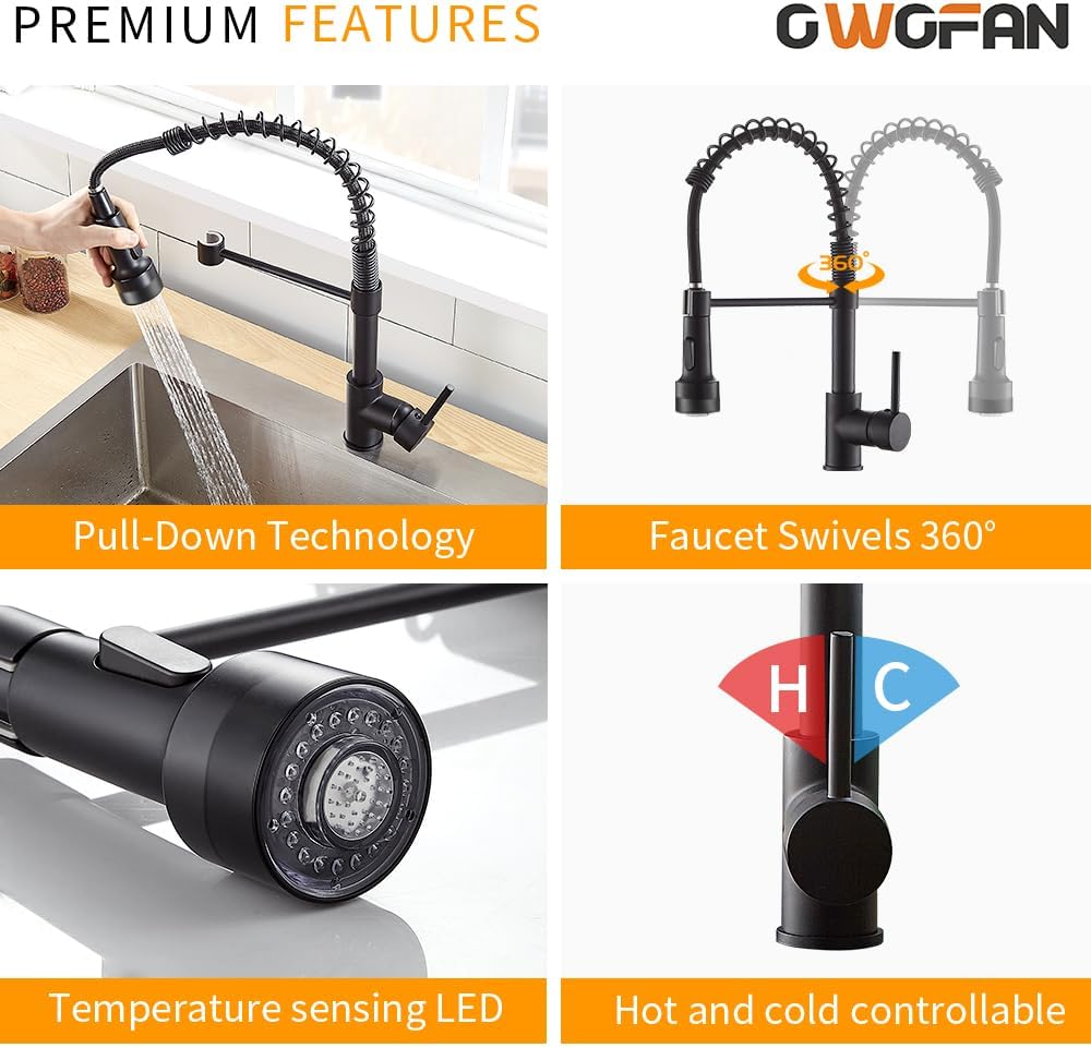 OWOFAN Kitchen Faucet with Sprayer Single Handle Pull Down Sprayer Spring Matte Black Kitchen Sink Faucet with LED Light 9005R - Image 5