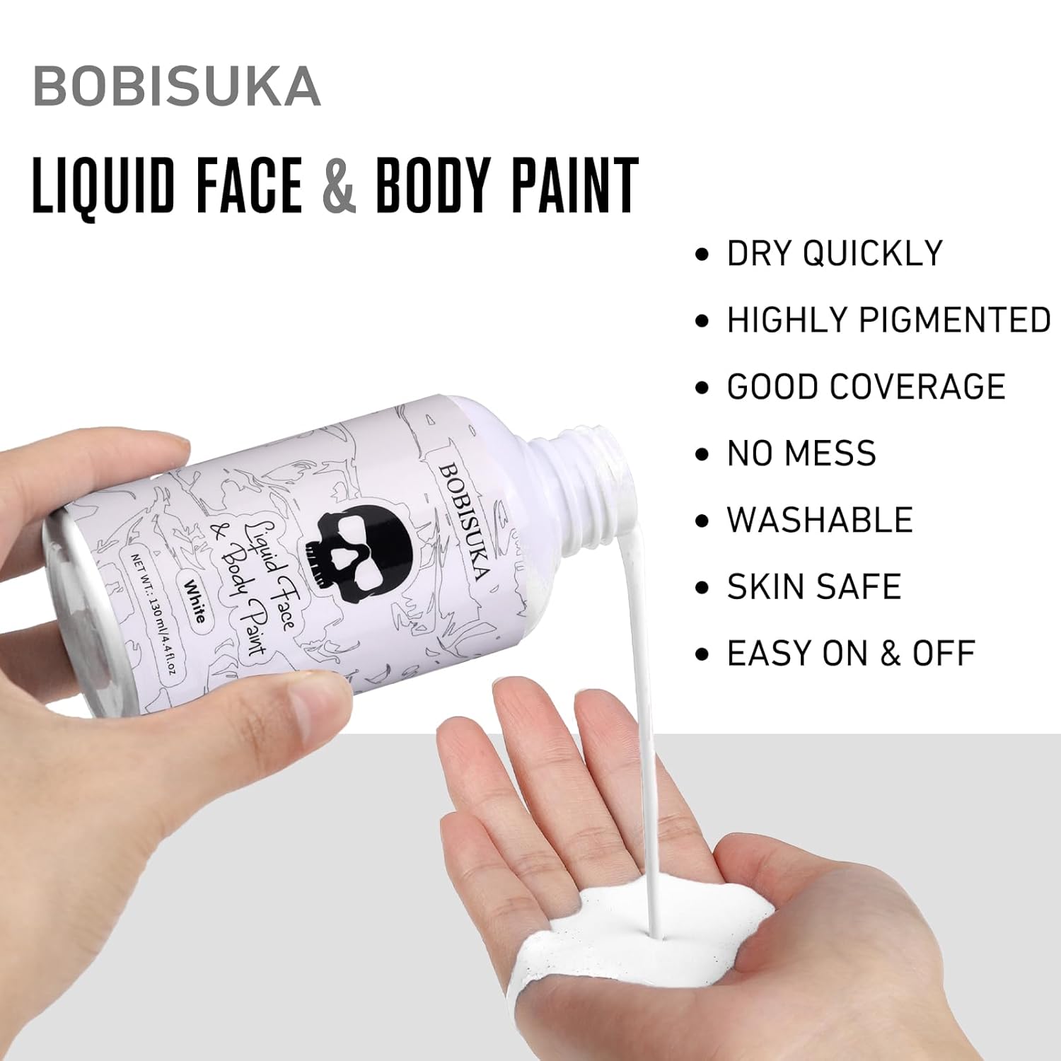 BOBISUKA White Face Body Paint Liquid Texture Washable Non Toxic Facepaint Fast Drying Foundation Makeup for Halloween Clown Skeleton Skull Cosplay SFX Costume Party Large Capacity(130ml) - Image 2