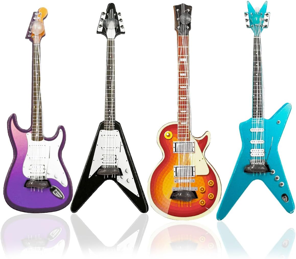 Suartus Miniature Guitar Miniature Bass Model - 4Pcs 1:12 Mini Musical Instrument Bass Guitar Wooden Guitar Model Display Ornaments for Mini Music Room Dollhouse Accessories Model Home Decoration