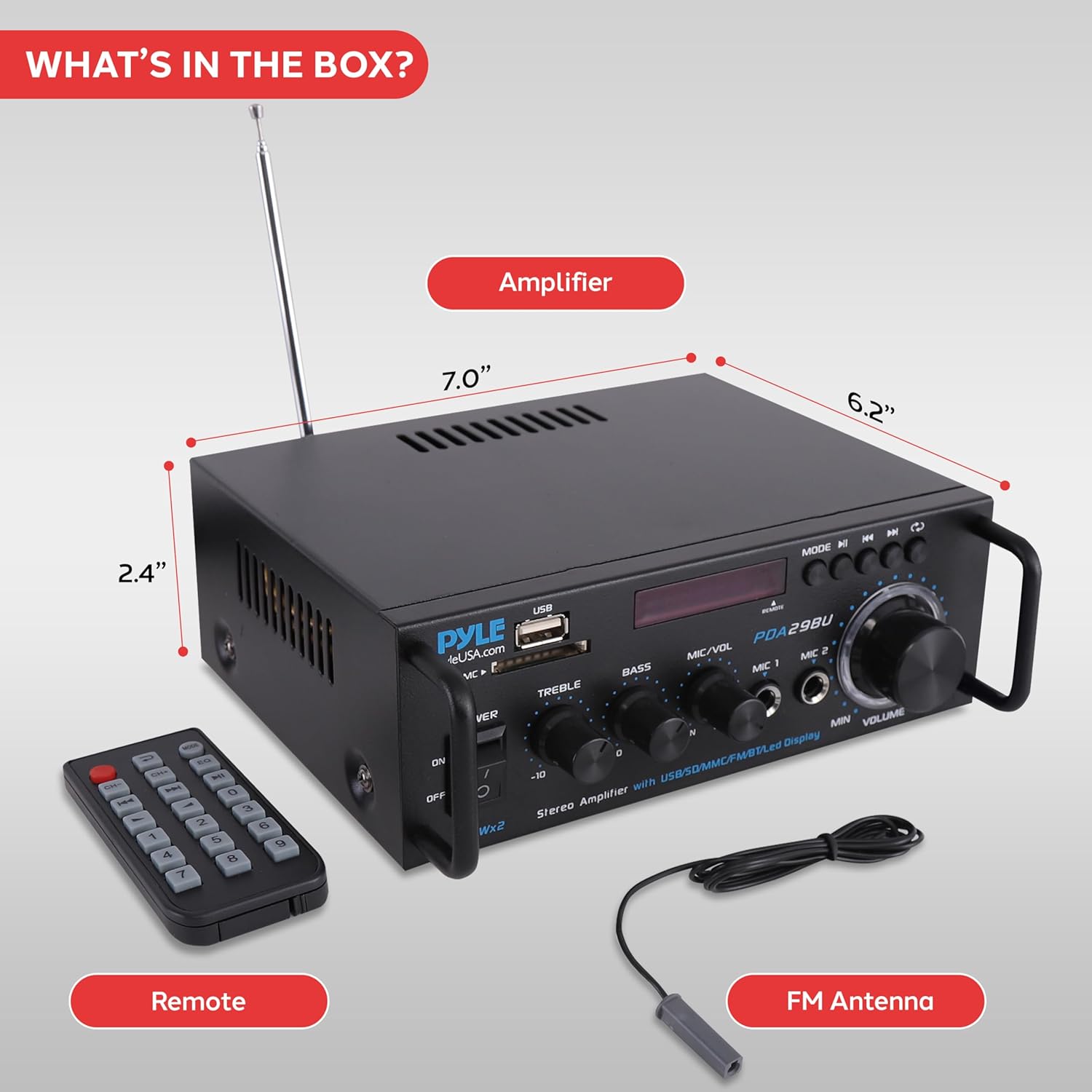 Pyle 200W Stereo Power Amplifier with Bluetooth - Dual Channel Audio Receiver - LED Display - RCA - USB - SD - MIC IN - FM Radio - AUX Input - Perfect for Home & Computer Audio - PDA29BU.5 - Image 6