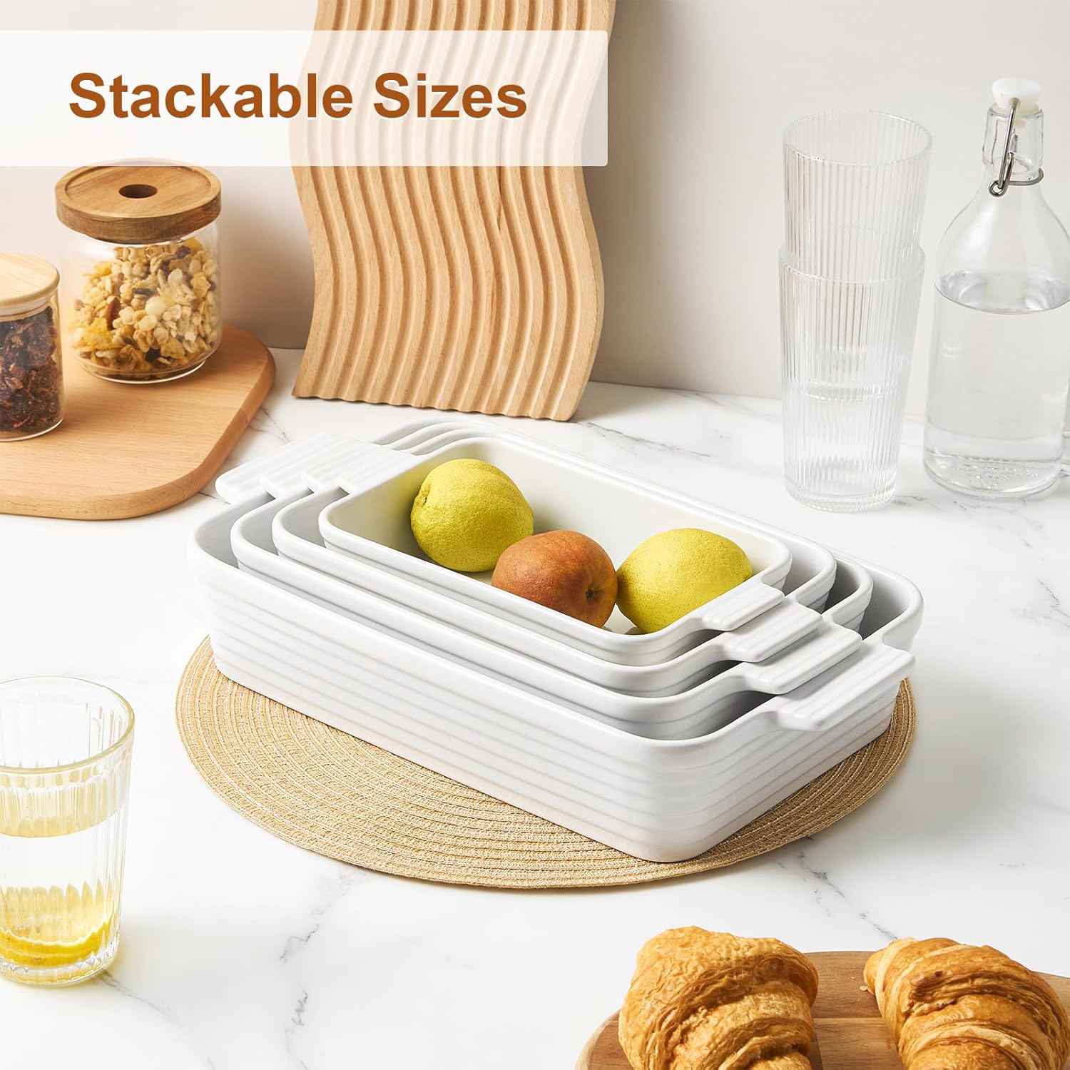 Jassceram Casserole Dishes for Oven, 4-Piece Porcelain Baking Dish, Rectangular Ceramic Bakeware Sets with Handles, Deep Lasagna Pan for Baking, 9.6" to 15.2", Nesting Design, Oven Safe, White - Image 4