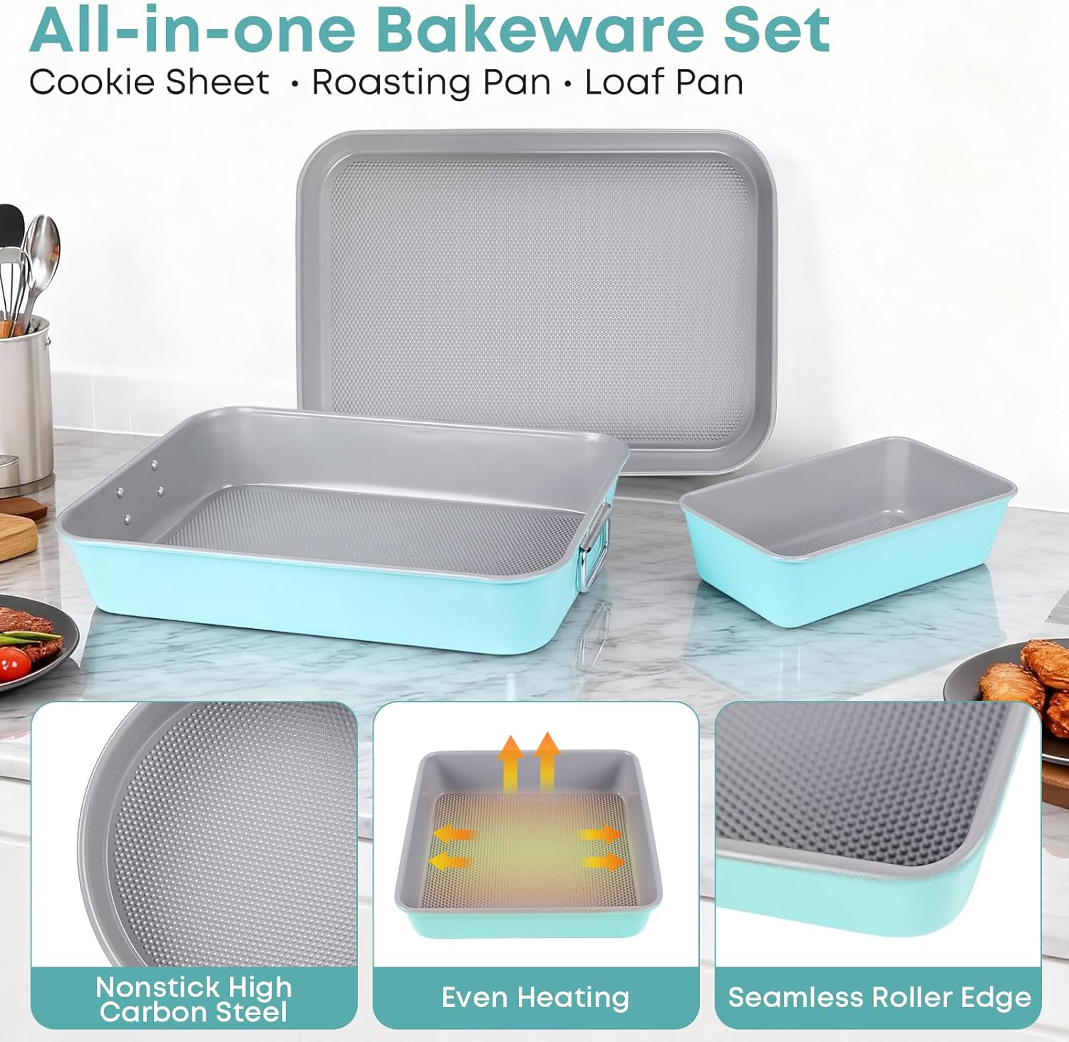 21-pieces Stackable Nonstick Bakeware Set, PTFE/PFOA/PFOS Free Baking Pans Set with Silicone Cup, Oven Mitt, Complete Kitchen Baking Kit for Cake & Loaf, Cookies, Cupcakes - Image 8