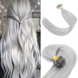 Keratin U Tip Hair Extensions Silver Gray Pre-bonded Keratin Glue Nail-Tip Real Human Hair Light Grey Colored Hair 16inch 50g 1g/s