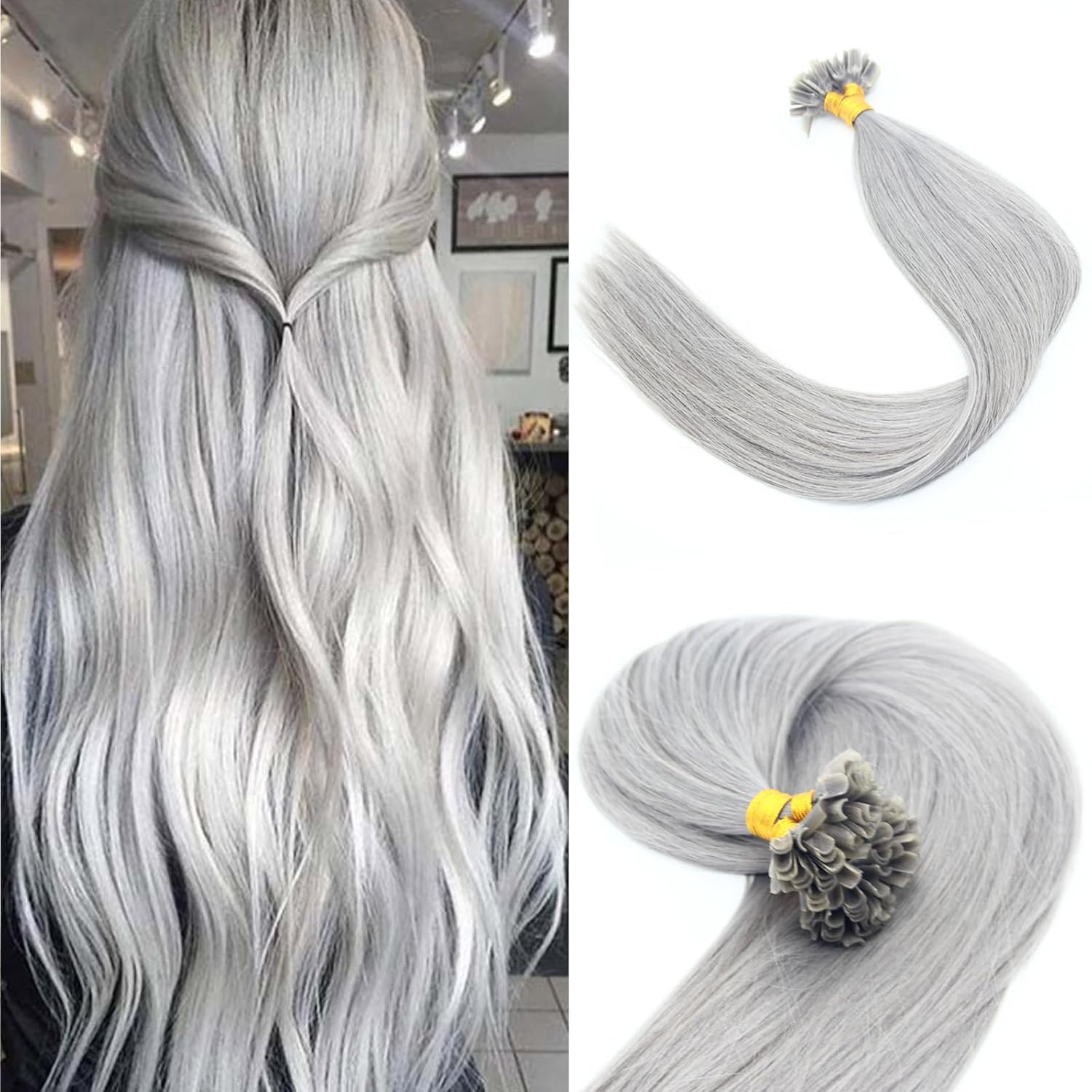 Keratin U Tip Hair Extensions Silver Gray Pre-bonded Keratin Glue Nail-Tip Real Human Hair Light Grey Colored Hair 16inch 50g 1g/s