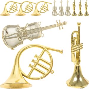 TOYANDONA 12pcs Musical Instrument Christmas Ornaments, Gold French Horn Trumpet Violin Ornaments Hanging Christmas Musical Instrument Decorations for Xmas Tree Party
