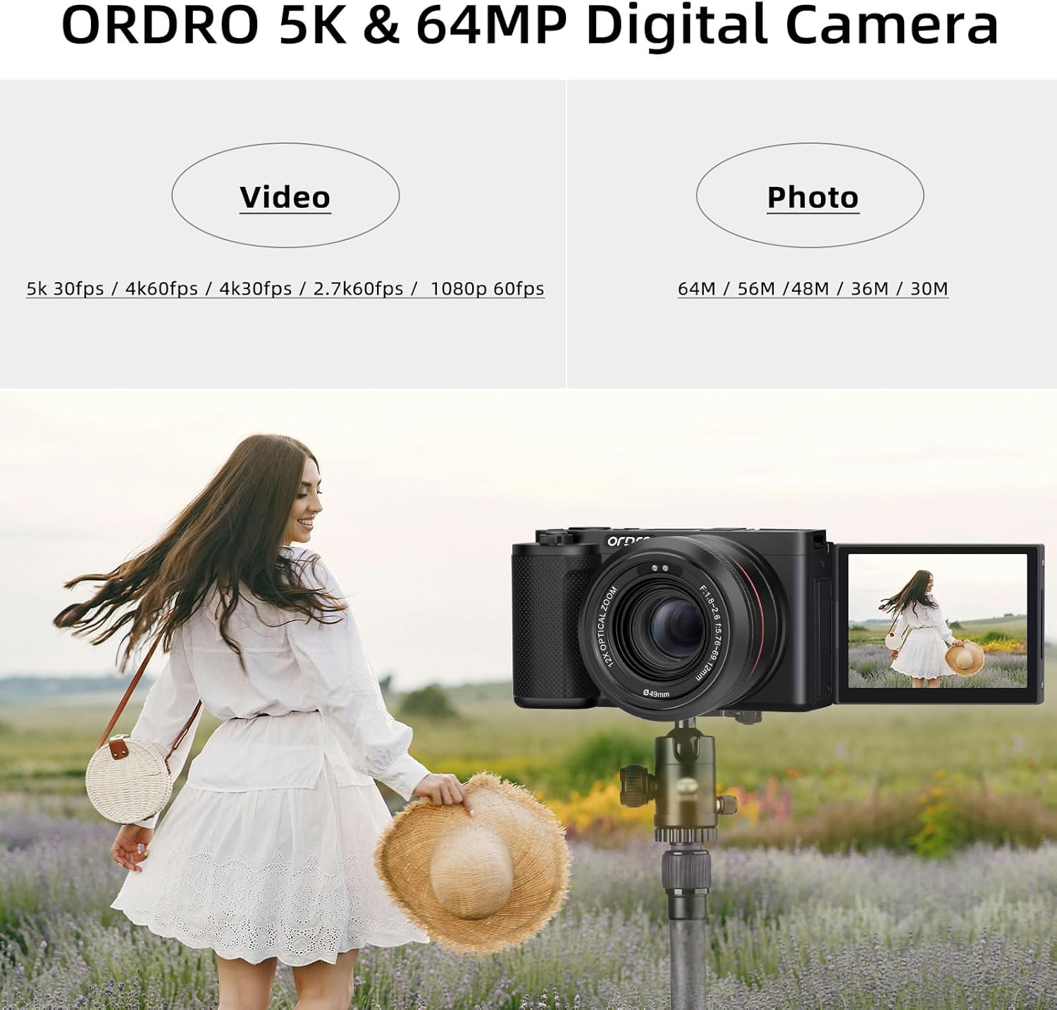 Ordro 5K Digital Camera for Photography, 5K 64MP 12X Optical Zoom YouTube Vlogging Camera with Autofocus & Manual Focus, Travel Camera Content Creator with Control, 64G Card, 2 Batteries - Image 2