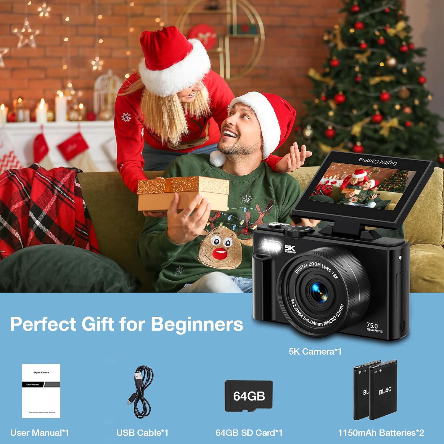 5K Digital Camera for Photography, 75MP WiFi Vlogging Camera for YouTube with 3" 180° Flip Screen, UHD Autofocus Video Camara with 18X Zoom, Compact Vlog Travel Camera with 64GB SD Card, 2 Batteries - Image 8
