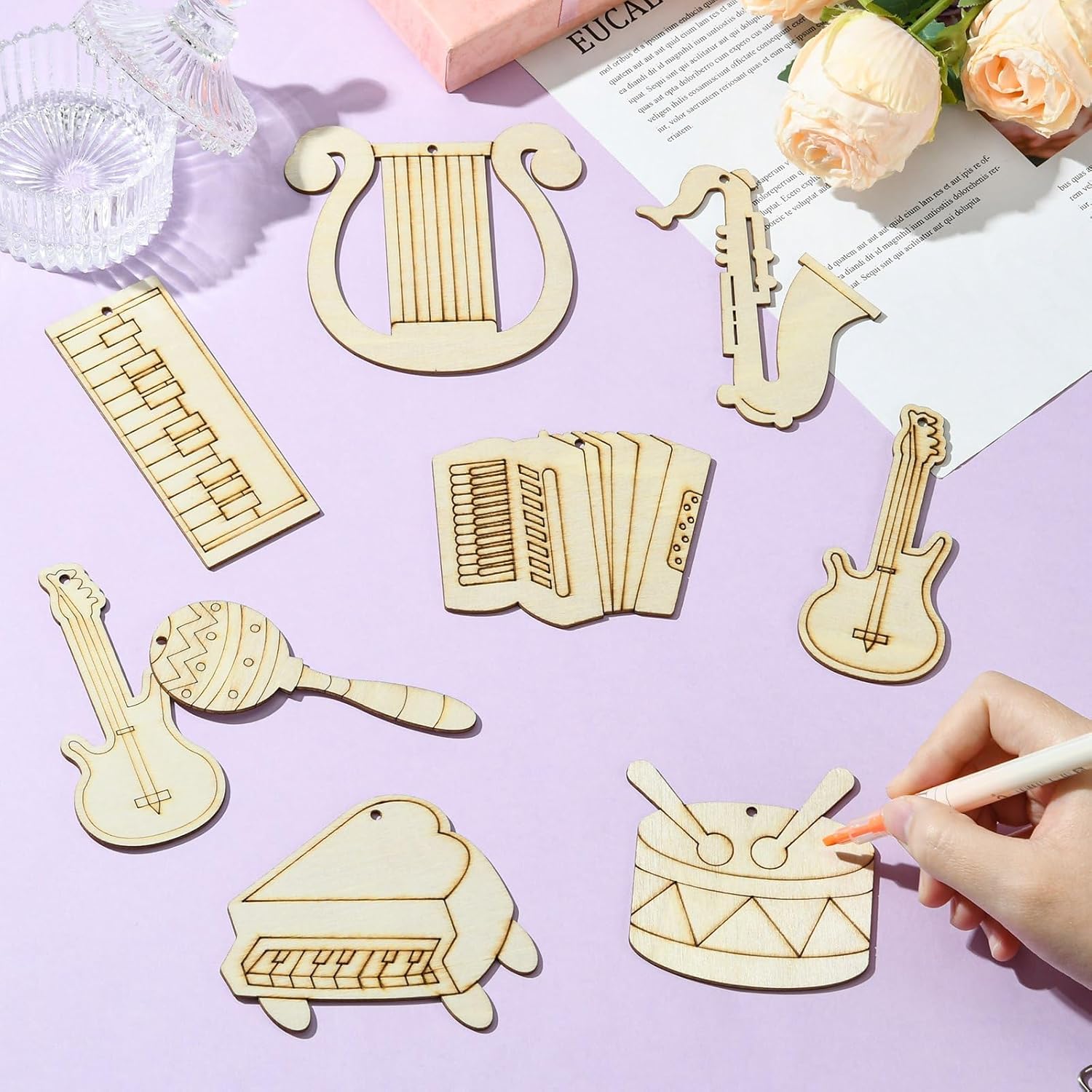 Stiesy 30 Pcs Musical Instruments Theme Unfinished Wood Craft Set with Jute Cord Things to Pint Wooden Blank Cutout Hanging Ornaments for DIY Craft Party Supplies Home Decoration - Image 5