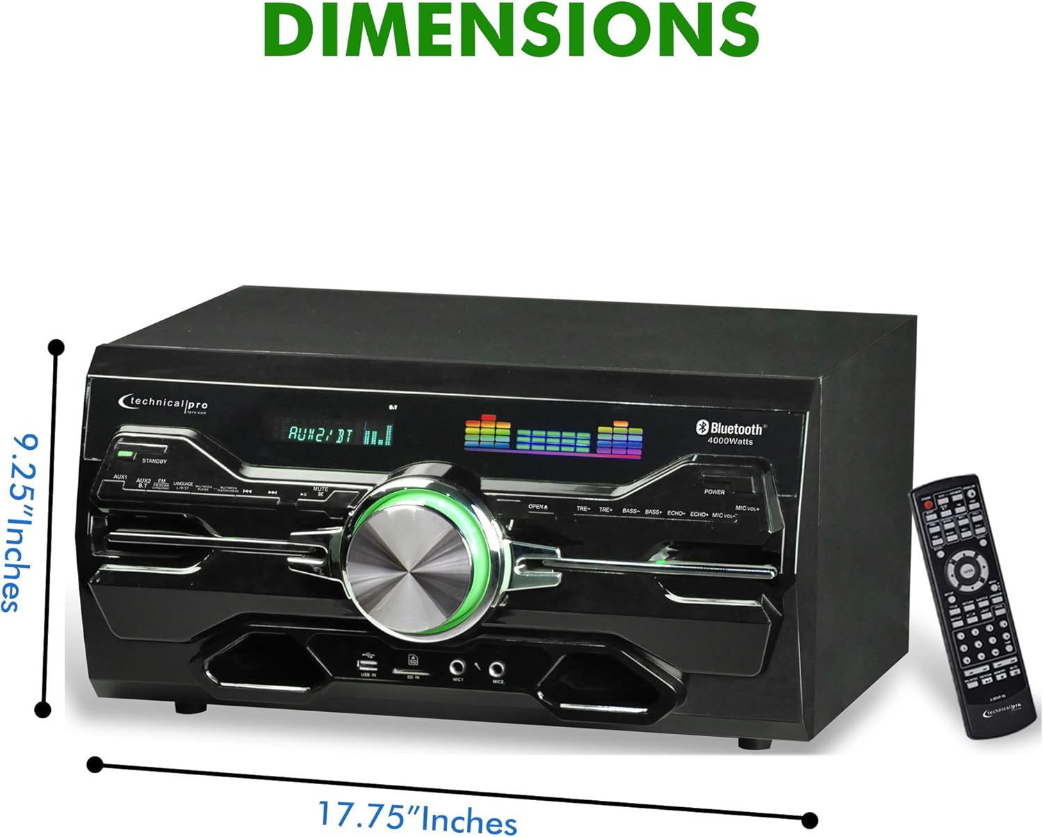 Technical Pro 4000 Watts Professional Bluetooth Home Audio Receiver w/Built-in DVD Player, Dual 1/4'' Mic and USB SD Inputs, Volume and Echo Controls, Remote Included, for Karaoke, Parties and More - Image 2