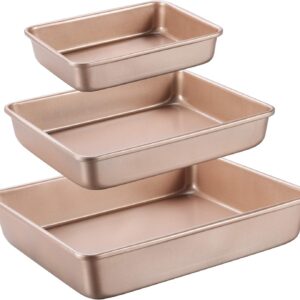Deep Baking Pans Set Nonstick,Rectangle Cake Pan,Stackable Bakeware Set of 3,Oven Trays for Baking,Gold(9”/11”/13”)