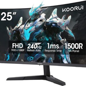 KOORUI 25 Inch Curved Gaming Monitor 240Hz FHD 1080P Computer Monitor, 1500R 1ms MPRT Display, Adaptive Sync, 90% DCI-P3,HDR, Eye Care, Tilt Adjustable, VESA 75x75mm, Black,G2511XC