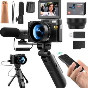 4k Digital Cameras for Photography, 48MP Video/Vlogging Camera for YouTube, Vlogger Kit, Content Creator Kit-Microphone & Remote Control Tripod Grip, Travel Camera with Wide-Angle & Macro len