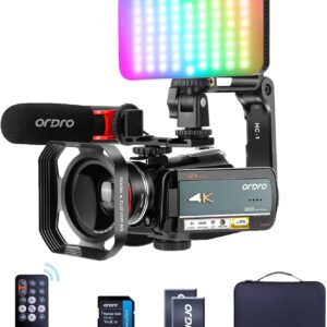 ORDRO 4K Video Camera Camcorder AC5 Plus Vlog Camera with 12X Optical Zoom &120X Intelligent Zoom Vlog Camera for YouTube with Mic,LED RGB Light Wide Angle Lens Handheld Holder 2 Batteries