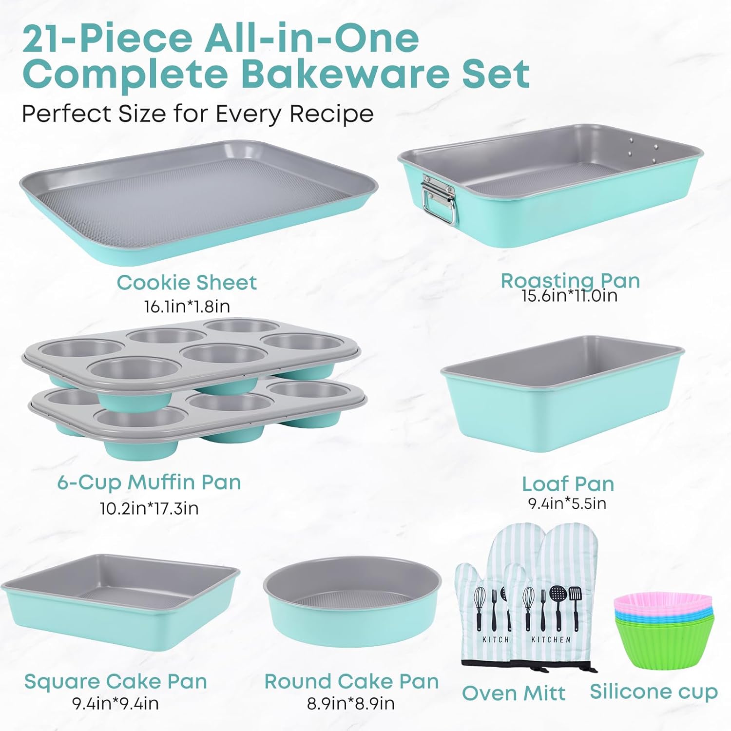 21-pieces Stackable Nonstick Bakeware Set, PTFE/PFOA/PFOS Free Baking Pans Set with Silicone Cup, Oven Mitt, Complete Kitchen Baking Kit for Cake & Loaf, Cookies, Cupcakes - Image 4
