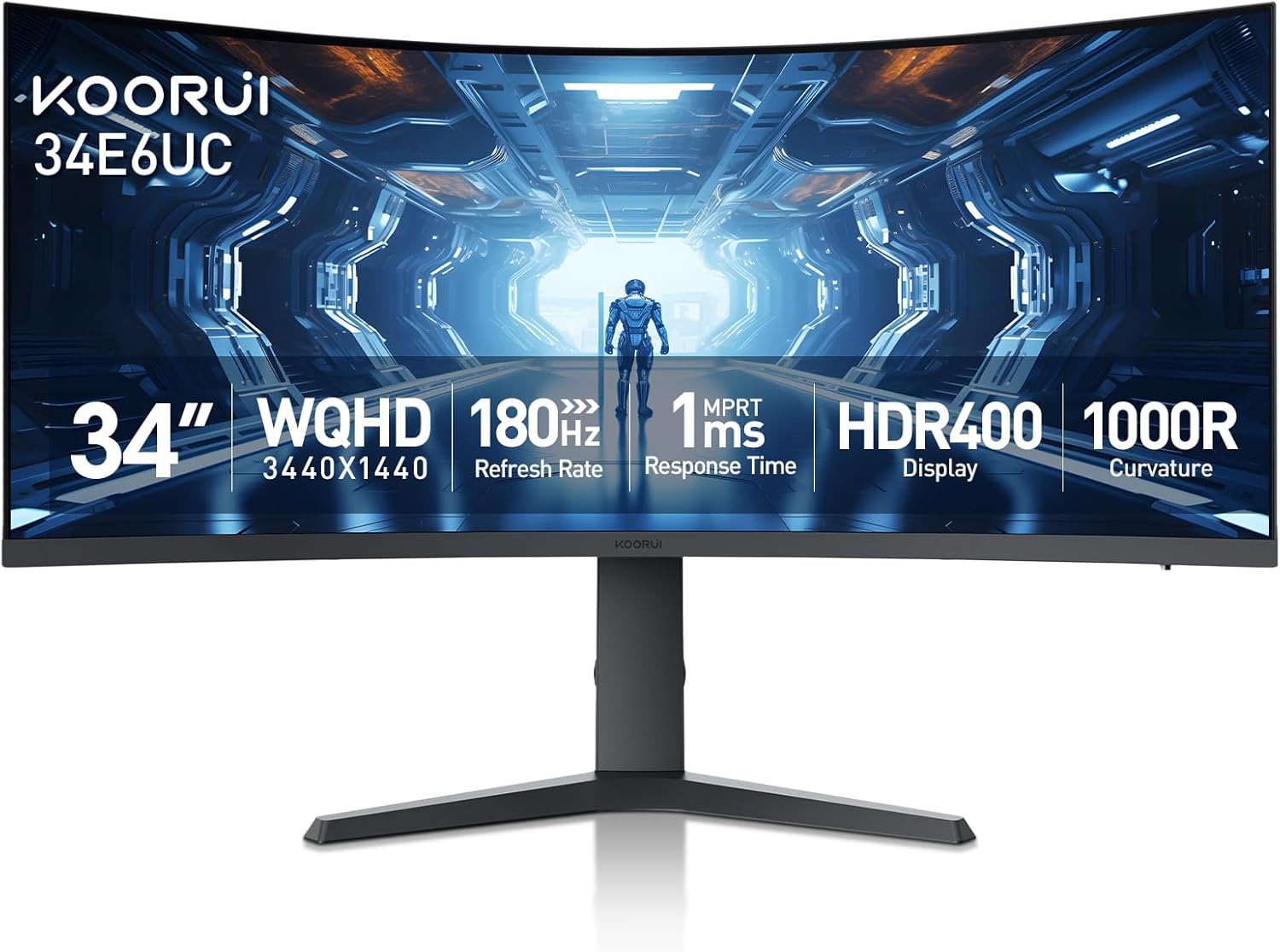 KOORUI 34-inch Curved Ultrawide WQHD 3440×1440 Gaming Monitor, 180Hz 1000R- PIP/PBP, 1ms(MPRT), HDR400, DCI-P3 95%, FreeSync Premium, 1 x DP 1.4 & 2 x HDMI 2.0, Tilt Height Swivel Adjustment, 34E6UC