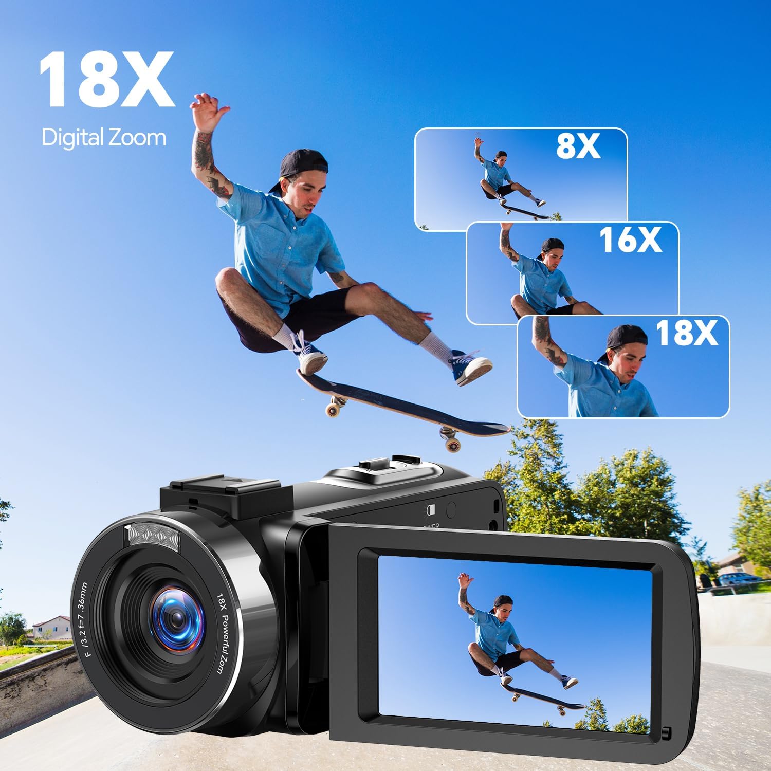 Camcorder Video Camera 42MP, 18X Digital Zoom 4K Camera for Vlogging 3” 270° Rotation Screen Compact YouTube Cameras with 2 Batteries, 32GB SD Card, Remote Control - Image 3