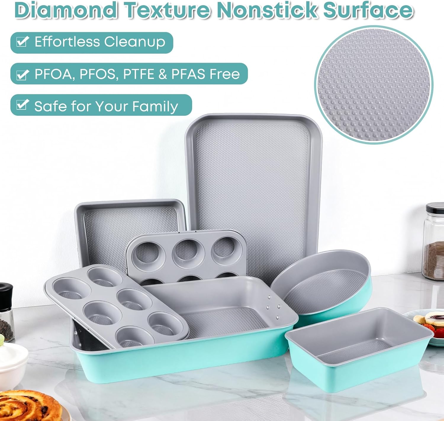 21-pieces Stackable Nonstick Bakeware Set, PTFE/PFOA/PFOS Free Baking Pans Set with Silicone Cup, Oven Mitt, Complete Kitchen Baking Kit for Cake & Loaf, Cookies, Cupcakes - Image 5