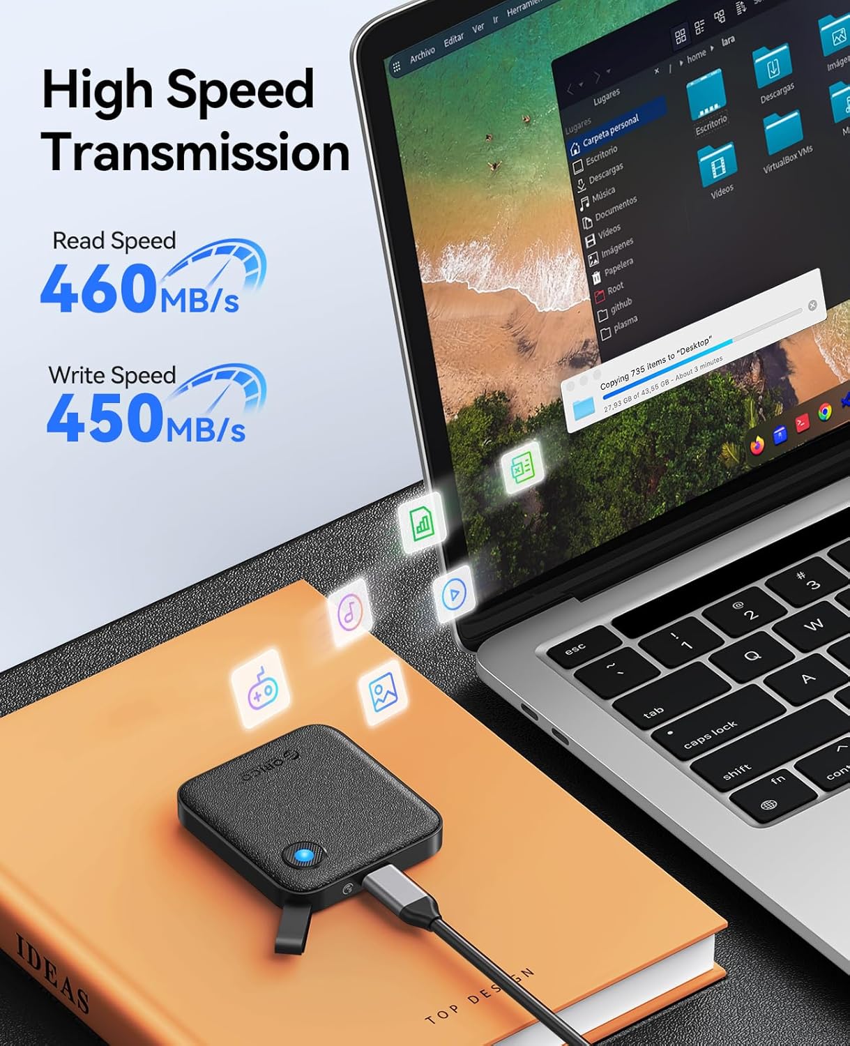 ORICO Portable SSD 256 GB with 2 in 1 USB C Cable, External Solid State Drives, Up to 460MB/s, Status Indicator, Reliable Storage for USB-C Smartphone, Tablet, PC - B5PLUS - Image 3