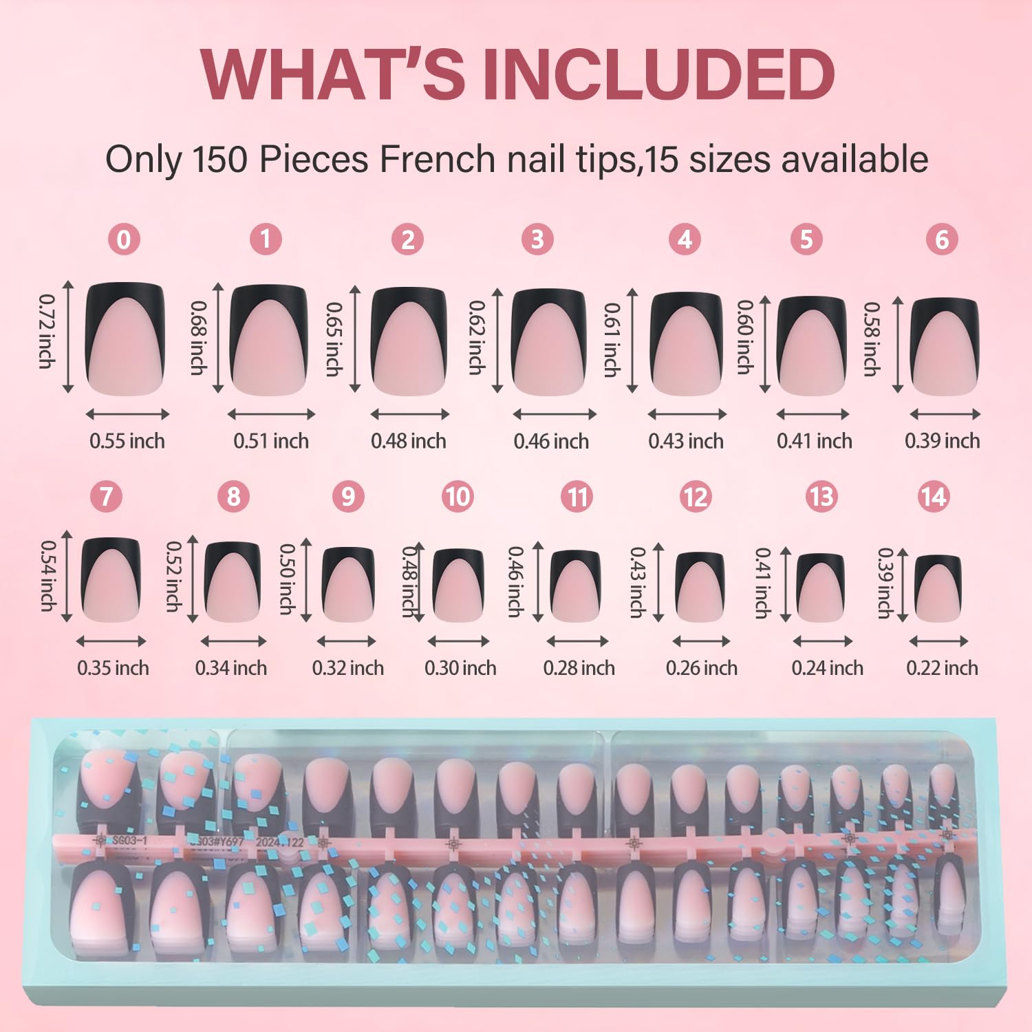 Vansiho Pink Deep French Gel Nail Tips, 150Pcs Short Square Soft Gel Nail Tips Black, French Tips Press on Nails, Fake Nails for Nail Art DIY 15 Sizes - Image 6