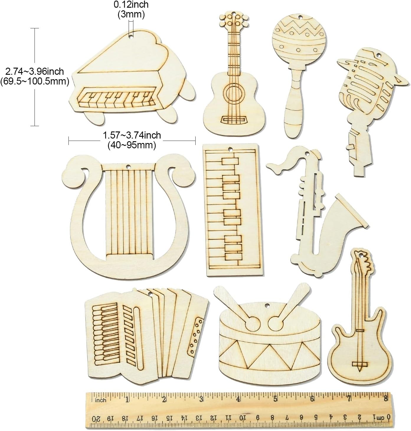 Stiesy 30 Pcs Musical Instruments Theme Unfinished Wood Craft Set with Jute Cord Things to Pint Wooden Blank Cutout Hanging Ornaments for DIY Craft Party Supplies Home Decoration - Image 2