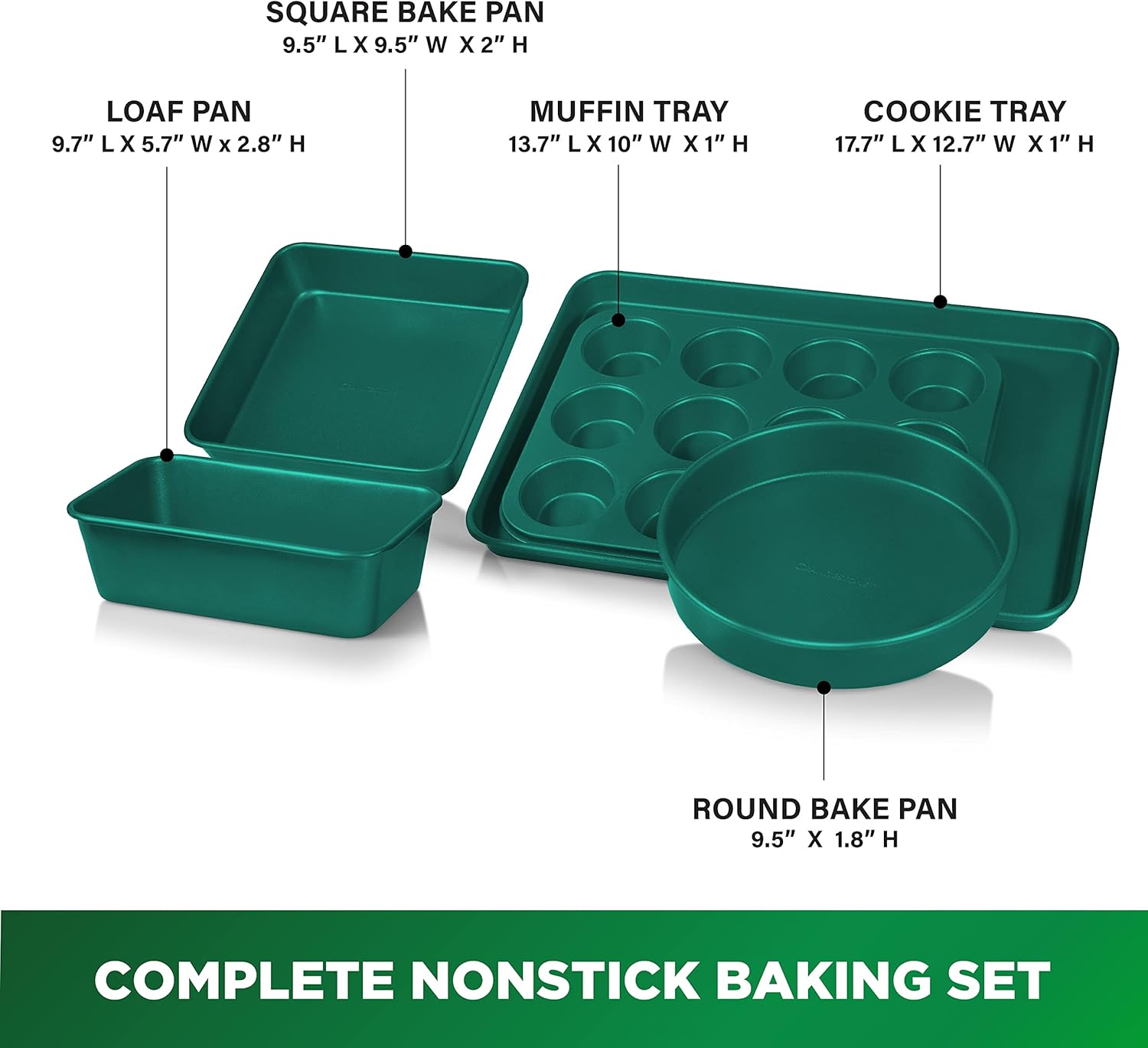 Granitestone Green Nonstick Bakeware Set, 5 Piece No Warp Baking Pans Set, Baking Set Includes Even Heating Baking Sheet for Oven, Muffin Pan, Loaf Pan, Baking Pan & Round Baking Tray, Dishwasher Safe - Image 3