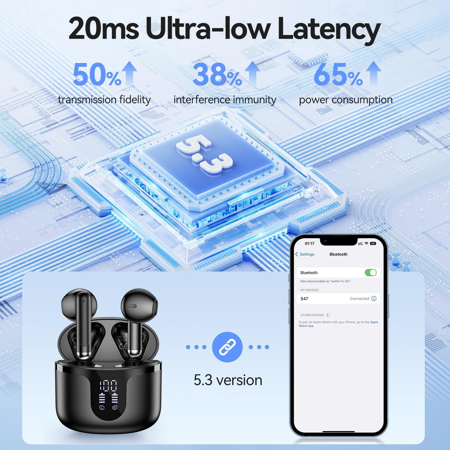 Wireless Earbuds, 2025 Bluetooth 5.3 Headphones HiFi Stereo 50H Playback Ear Buds with Led Digital Display, ENC Noise Cancelling Earbuds for Laptop Computer, iOS, Android, Black - Image 4