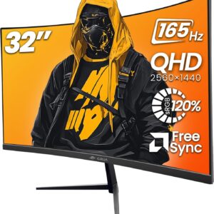 CRUA 32″ Curved Gaming Monitor, 2K QHD 2560x1440P, 144Hz/165Hz Computer Monitors, 120% sRGB, FreeSync, Low Blue Light, 1800R VA Screen, HDMI 1.4/DP 1.2, Wall Mountable – Black