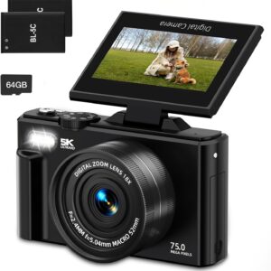 5K Digital Camera for Photography, 75MP WiFi Vlogging Camera for YouTube with 3″ 180° Flip Screen, UHD Autofocus Video Camara with 18X Zoom, Compact Vlog Travel Camera with 64GB SD Card, 2 Batteries