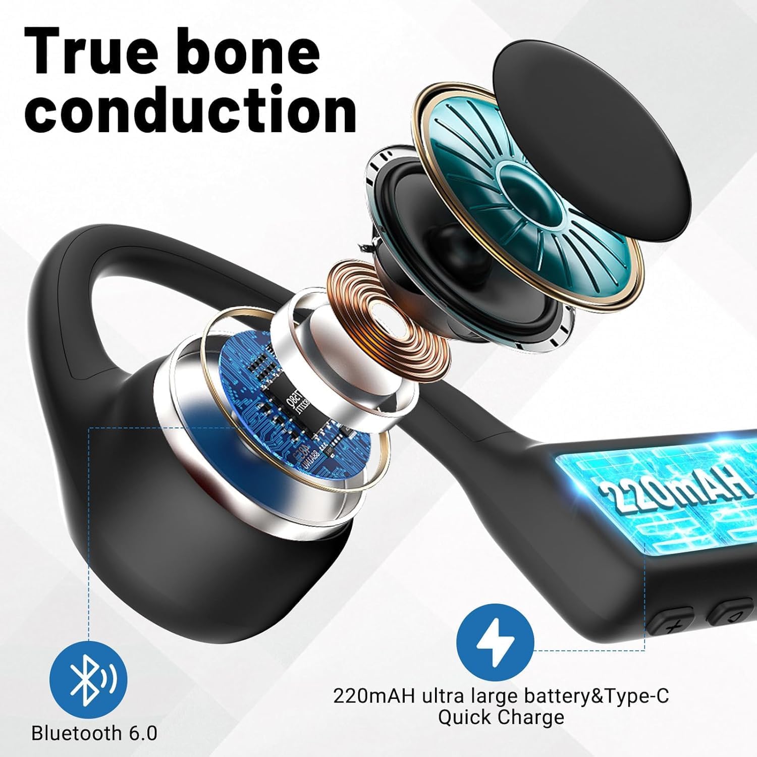 2025 New Bluetooth 6.0 Bone Conduction Headphones, Open-Ear Design, Sweatproof & Waterproof, HD Stereo Sound, 10Hrs Playtime, Lightweight for Running,Office,Daily Life(Black) - Image 6