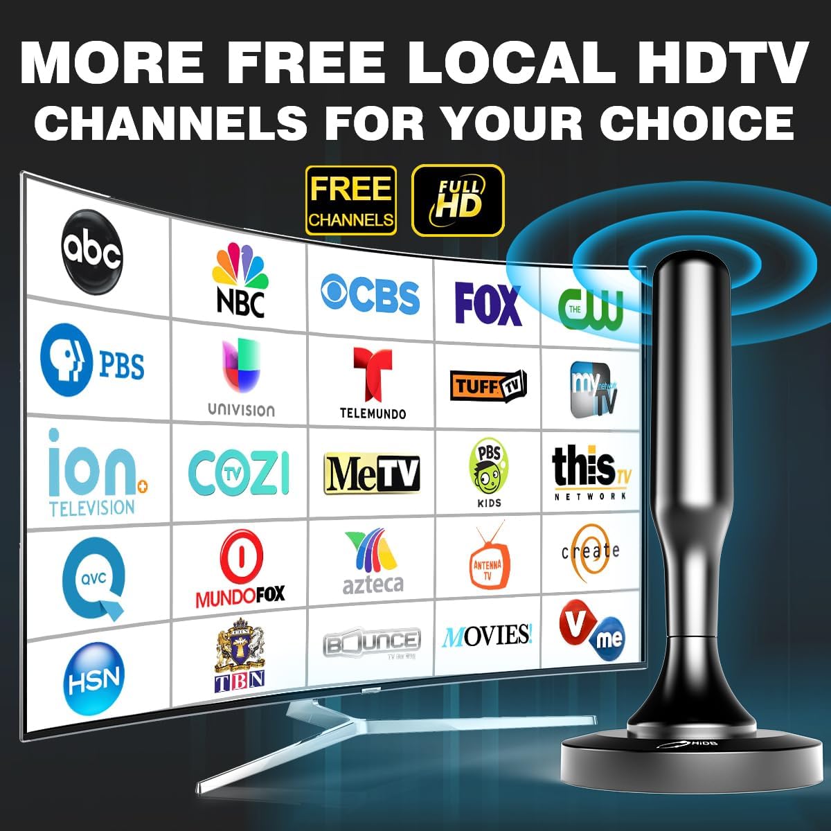 HIDB TV Antenna for Smart TV Indoor, Digital Indoor HD Antennas with Strong Magnetic Base, Easy Installation, Long Range Reception for Local Channels 4K 1080P, 10ft Long Cables (Black) - Image 2