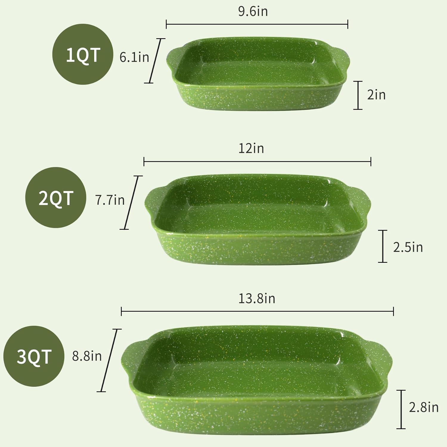 Ceramic Baking Dishes for Oven,Heavy Duty Bakeware Dish Set of 3, Rectangular Casserole,Lasagna Pan Deep,High Heat Resistant,Glazed Handcraft Speckle Series (13.8''/12''/9.6''Green) - Image 2