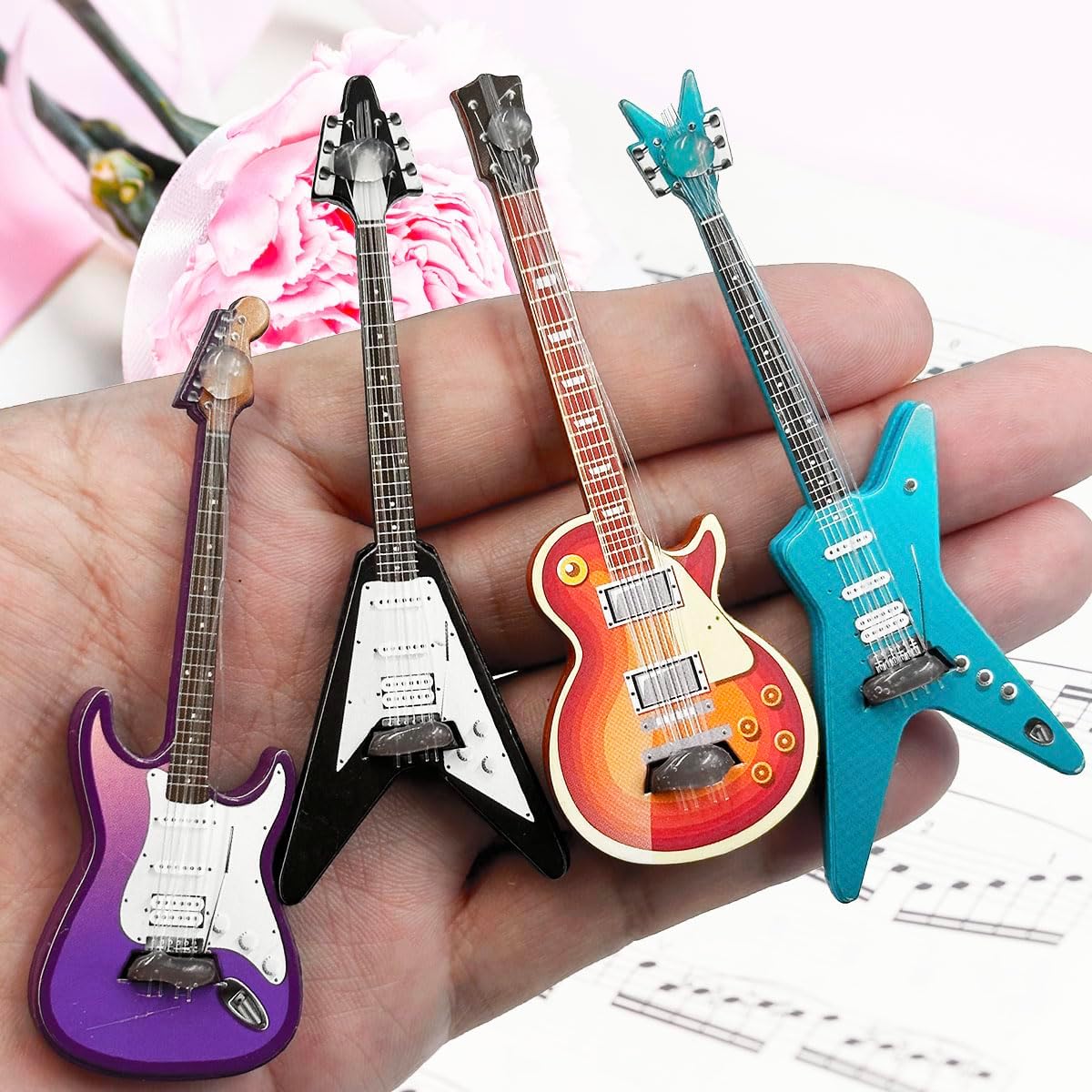 Suartus Miniature Guitar Miniature Bass Model - 4Pcs 1:12 Mini Musical Instrument Bass Guitar Wooden Guitar Model Display Ornaments for Mini Music Room Dollhouse Accessories Model Home Decoration - Image 6