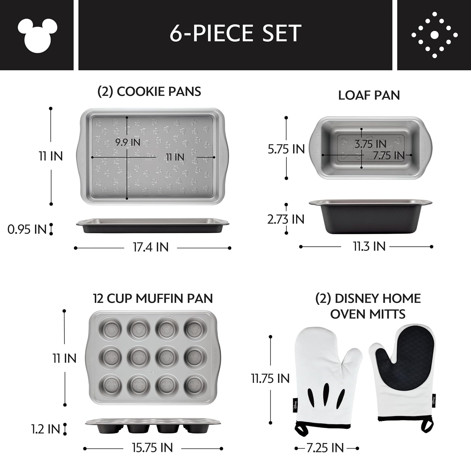 Farberware Disney Bake with Mickey Mouse Nonstick Bakeware Set/Baking Pans with Disney Home Oven Mitts, Cookie Pans, Muffin/Cupcake and Loaf Pan, 6 Piece - Black - Image 3