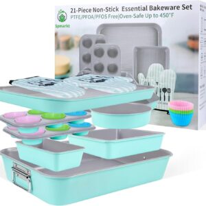 21-pieces Stackable Nonstick Bakeware Set, PTFE/PFOA/PFOS Free Baking Pans Set with Silicone Cup, Oven Mitt, Complete Kitchen Baking Kit for Cake & Loaf, Cookies, Cupcakes