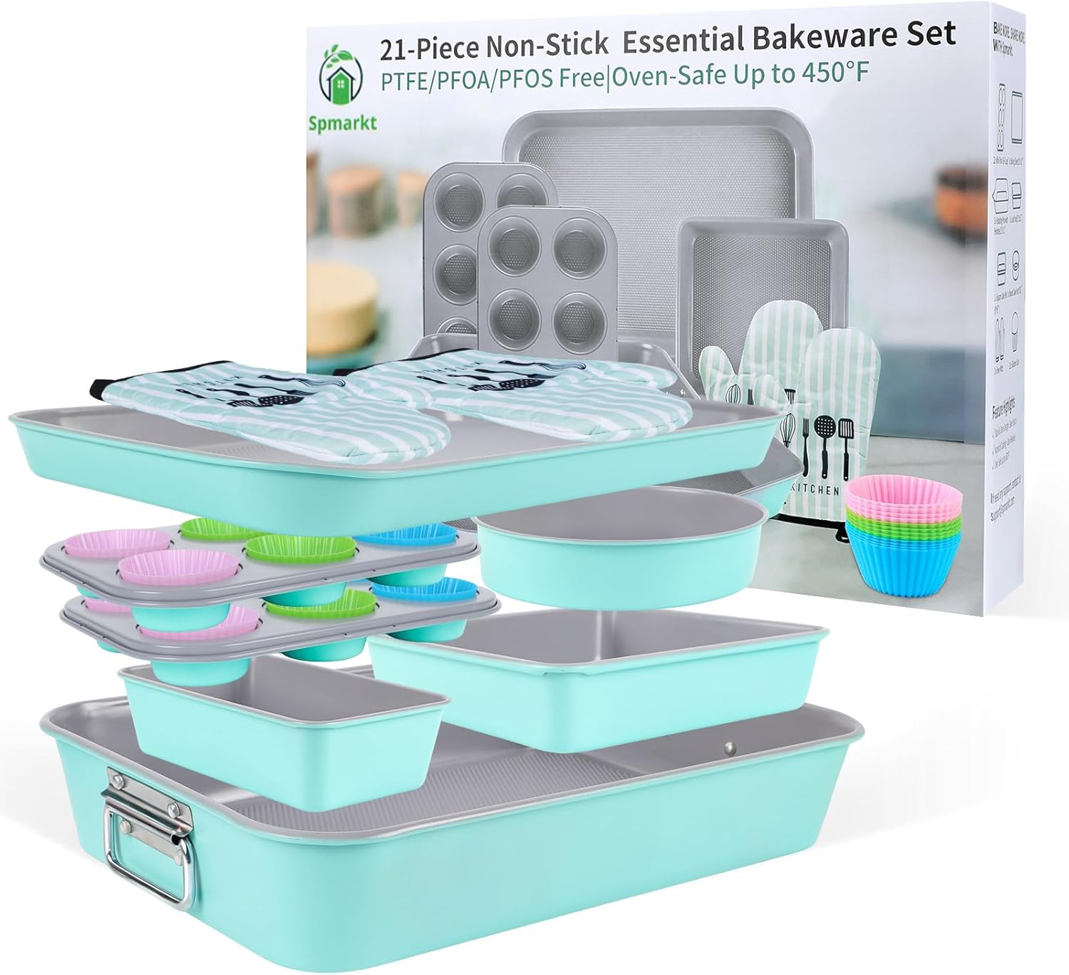21-pieces Stackable Nonstick Bakeware Set, PTFE/PFOA/PFOS Free Baking Pans Set with Silicone Cup, Oven Mitt, Complete Kitchen Baking Kit for Cake & Loaf, Cookies, Cupcakes