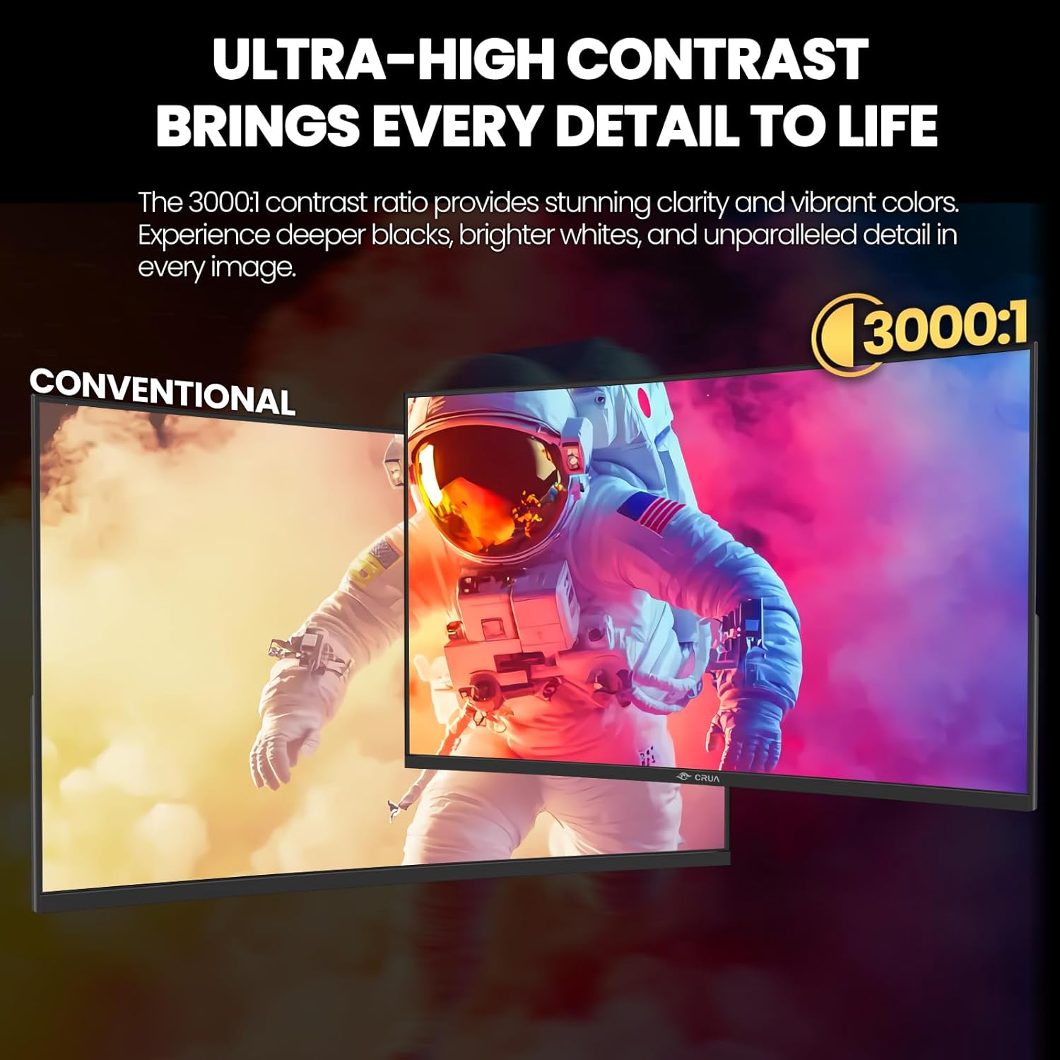 CRUA 32" Curved Gaming Monitor, 2K QHD 2560x1440P, 144Hz/165Hz Computer Monitors, 120% sRGB, FreeSync, Low Blue Light, 1800R VA Screen, HDMI 1.4/DP 1.2, Wall Mountable - Black - Image 7