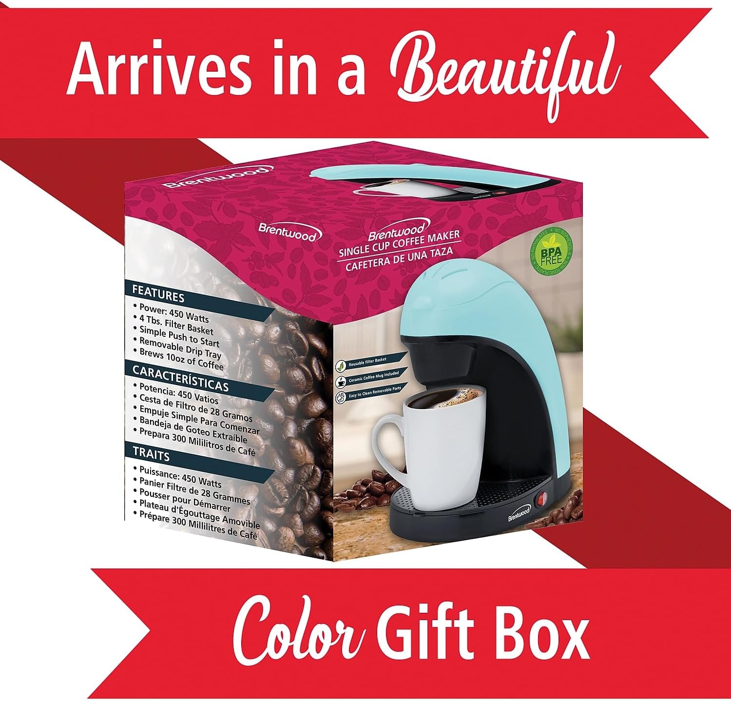 Brentwood TS-112BL Single-Serve Coffee Maker with Mug (Blue) - Image 5