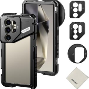 Neewer S24 Ultra Phone Cage with 67mm Filter Adapter, 17mm Lens Backplate, T Mount Lens Adapter, Cleaning Cloth, Smartphone Video Rig Stabilizer Compatible with Samsung Moment T Series Lenses, PA042